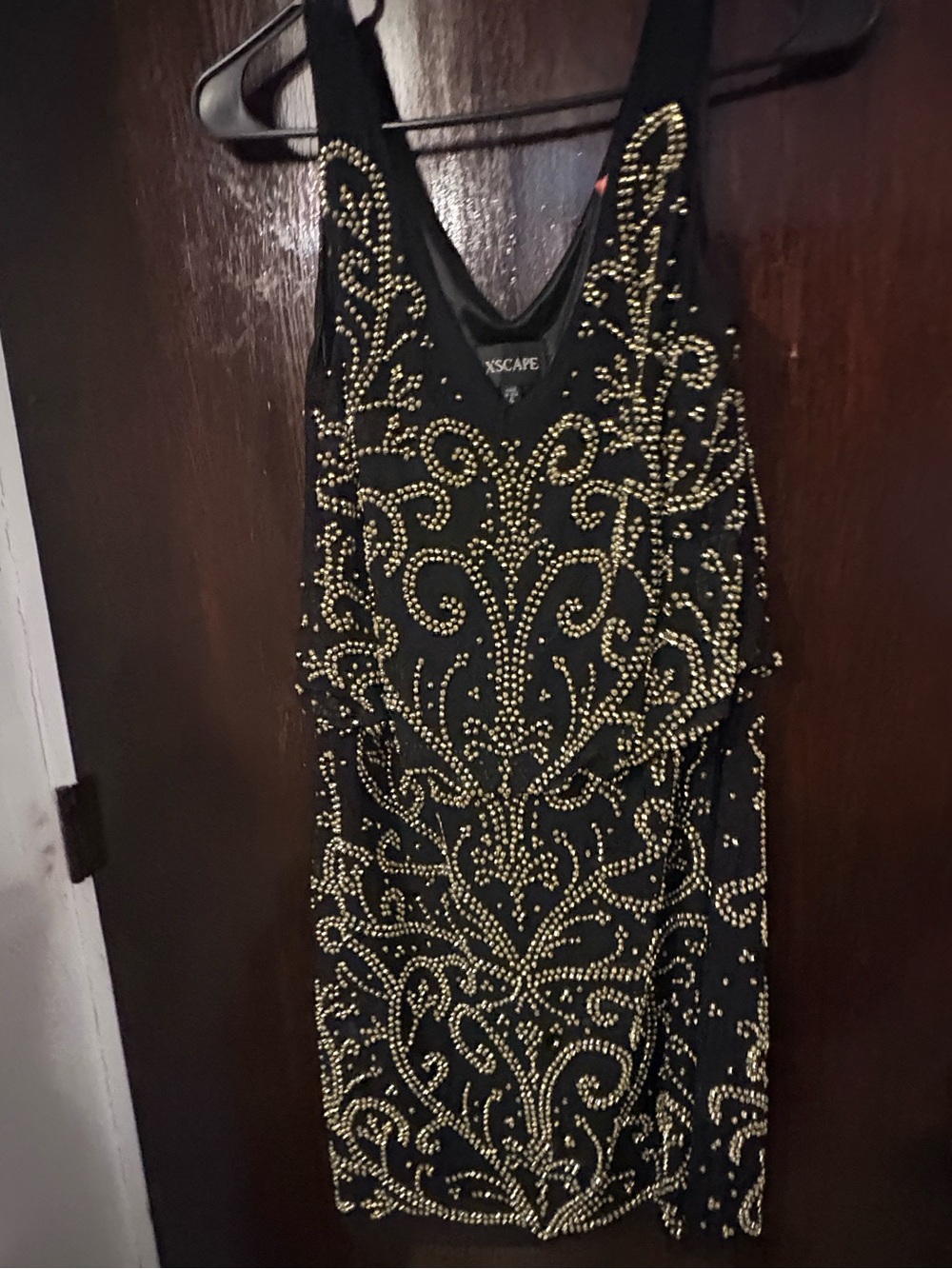 Xscape Little Black Dress with Gold Beaded Scrollwork. Size 6.